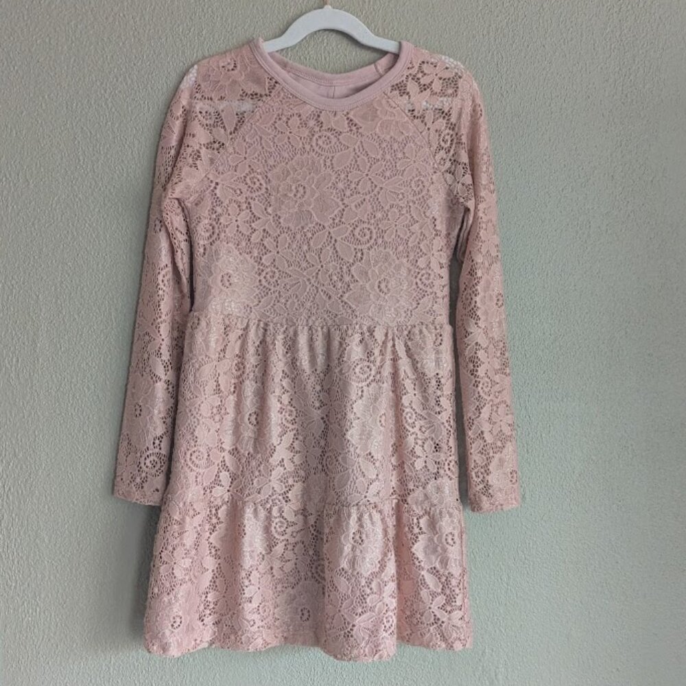 Art Class Pink Lace Long Sleeve Tiered Dress | Size M (7/8)